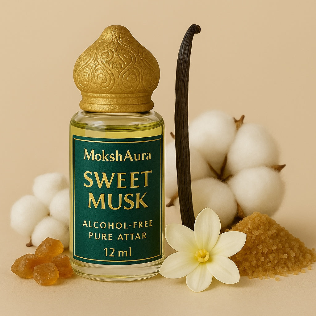 Styled Image of Sweet Musk Attar – Soft Floral Roll-On Oil by MokshAura