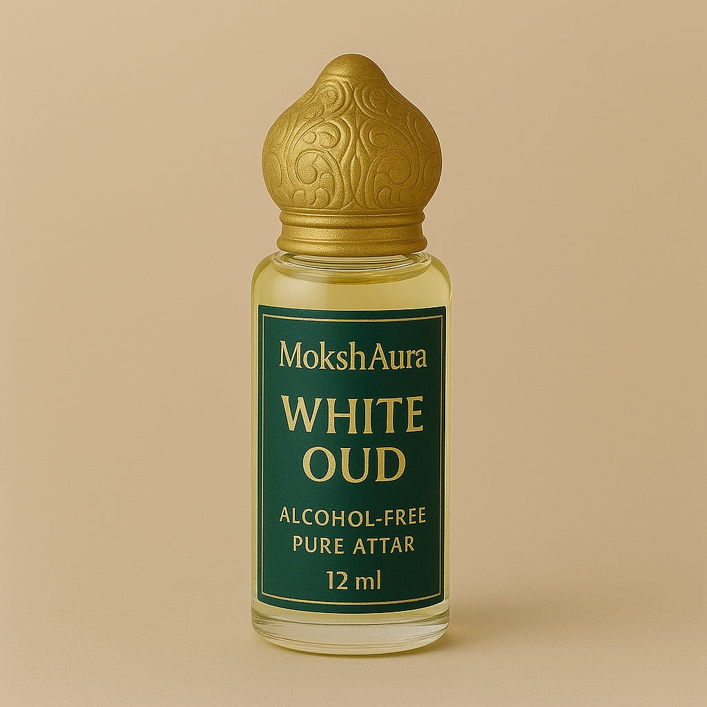 Close-up of White Oud Perfume Oil – Alcohol-Free Musk Texture by MokshAura